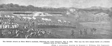 Image: The British Attack on Hone Heke's stockade, Puketutu Pa, Lake Omapere, May 8, 1845. This was the first inland battle of a British military force in New Zealand. — (From a watercolour drawing by Sergeant J. Williams, 58th Regiment)