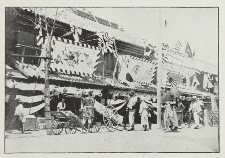 Japanese street scene, showing patriotic flags during the Russo-Japanese War