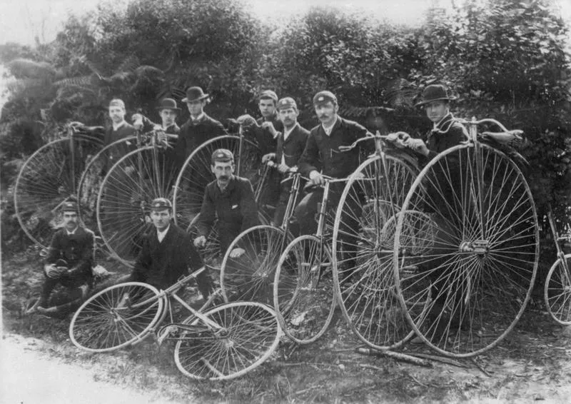 Arthur Shaef and group of cyclists with penny-farthing bicycles
