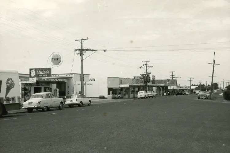 Rothesay Bay shops on Beach Road, looking toward Montgomery Avenue, East Coast Bays.