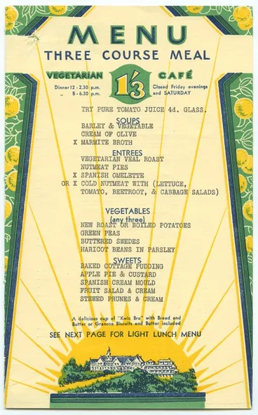 Image: Sanitarium Health Food Company :Menu, three course meal 1/3. Vegetarian cafe. [1933].