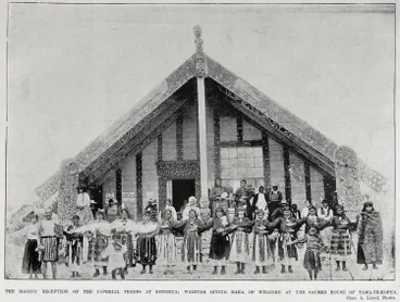 Image: The Māori's reception of the Imperial Troops at Rotorua; Wahine giving Haka of welcome at the sacred house of Tama-Te-Kopua [Tama Te Kapua]