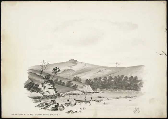 Backhouse, John Philemon 1845-1908 :Old blockhouse at the Whau, Manukau Harbour, Auckland, N.Z. 16.5.[18]71.
