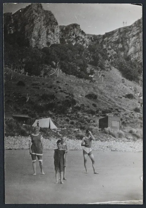 Group in swimming costumes at Kairakau Beach, Hawke's Bay
