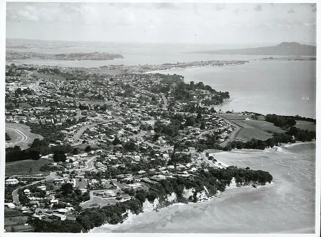 Aerial of Howick with Rangitoto in background, Musick Point on right. Taken from over Maretai - Auckland
