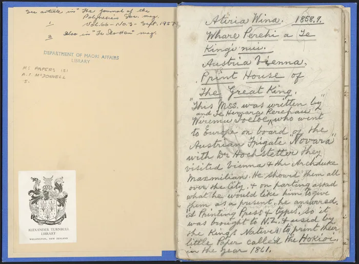 Notes on trip to Vienna by Wiremu Toetoe and Te Hemara Rerehau