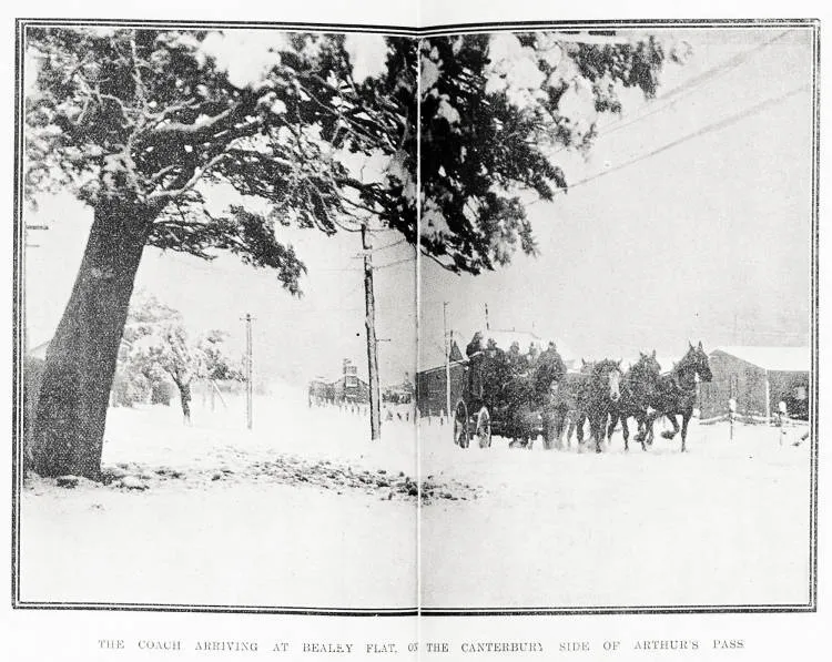 The coach arriving at Bealey Flat on the Canterbury side of Arthur's Pass