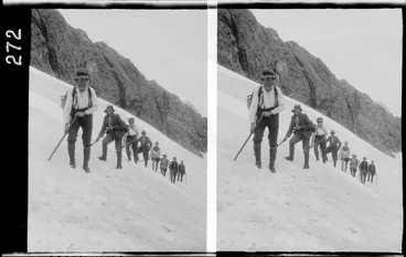 Image: Unidentified group, climbing the side of a snowy mountain, unidentified location