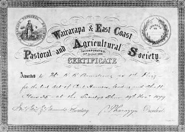 Image: Certificate from Wairarapa and East Coast Pastoral and Agricultural Society show