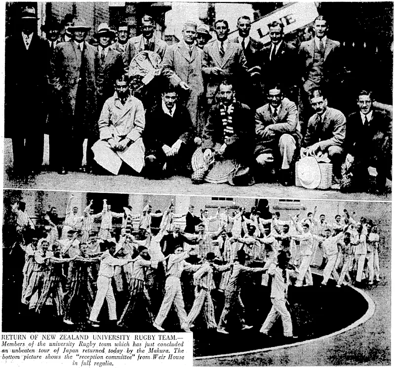 RETURN OF NEW ZEALAND UNIVERSITY RUGBY TEAM.— Members of the university Rugby team which has just concluded an unbeaten tour of Japan returned, today by the Makura. The ■bottom picture shows the "reception committee" from.Weir House (Evening Post, 16 March 1936)