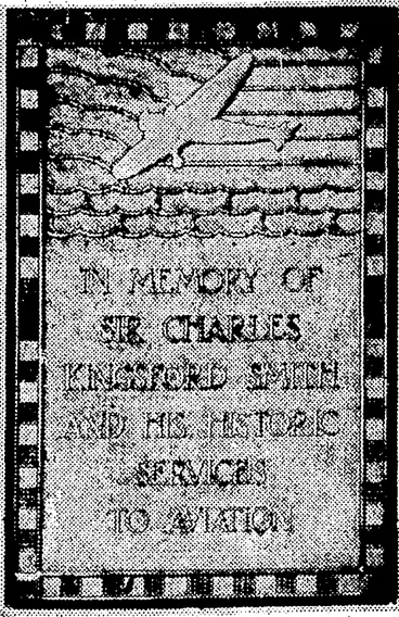 Image: A uckldnd and Christchurch '■ Tramways teams which yesterday compiled in the Kohn Shield Rugby match. A uckland (left) were the ivinners and play Wellington Tramways in the final tomorrow. "Evening Post" Photo. This plaque to the memory of Sir Charles Kingsford Smith has been presented to the Auckland War Memorial Museum by Sir Ernesl Davis, Mayor of Auckland. It is to be unveiled tomorrow in the presence of Lady Kingsford Smith, (Evening Post, 02 September 1937)