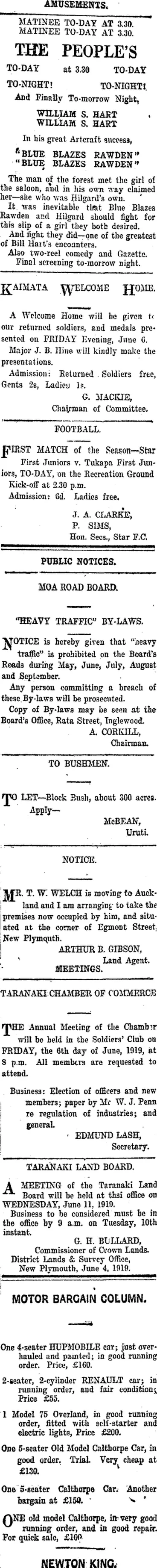 Image: Page 1 Advertisements Column 2 (Taranaki Daily News 5-6-1919)