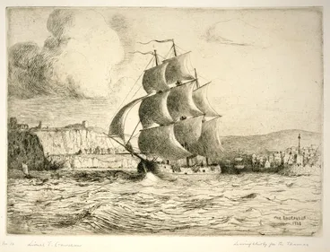 Image: Crawshaw, Lionel Townsend, 1864-1949 :The Endeavour [leaving Whitby for the Thames]. 1768. [ca 1910?].