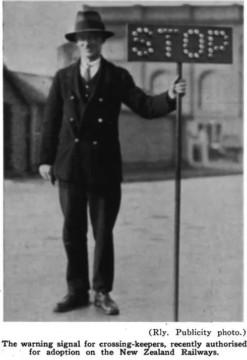 (Rly. Publicity photo.) — The warning signal for crossing-keepers, recently authorised for adoption on the New Zealand Railways
