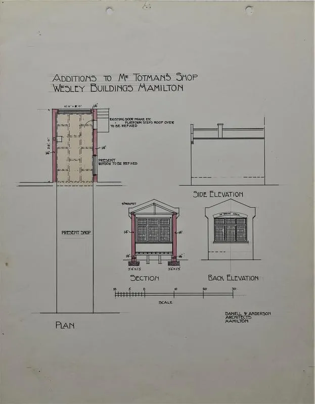 Architectural plans – Additions to Mr Totman's Shop, Wesley Chambers, Victoria St, Hamilton