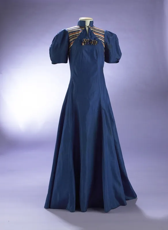 Dress; blue taffeta evening dress