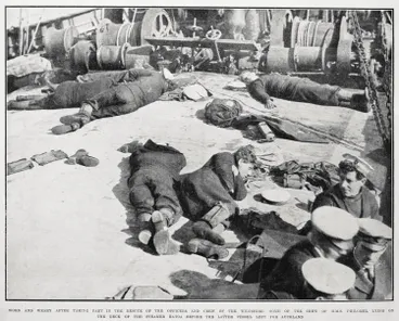 Image: Worn and weary after taking part in the rescue of the officers and crew of the Wiltshire