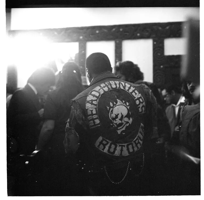 Patched gang members in the Māori Affairs Committee Room "Matangireia" at Parliament