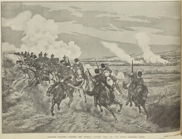 JAPANESE INFANTRY TURNING THE RUSSIAN CAVALRY NEAR THE YALU RIVER, NORTHERN COREA