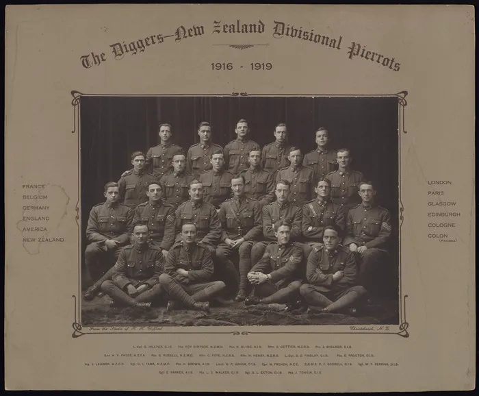 Henry, Herbert, 1891-1949 :Photographic group portrait of The Diggers, New Zealand Divisional Pierrots 1916-1919