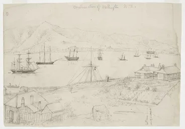 Image: Collinson, Thomas Bernard 1822-1902 :Continuation of Wellington N. Z. A. Domett's house, 1849. Gov[ernmen]t House (formerly Col. Wakefield's). Acheron. Fly. G[eneral]. Palmer. Inconstant.
