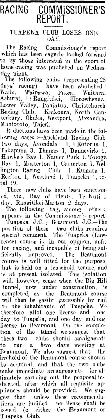 Image: RACING COMMISSIONER'S REPORT. (Tuapeka Times 24-6-1911)