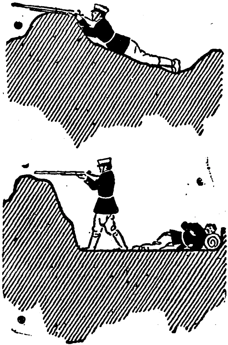 Top.—Japanese rifle pit thrown up in ten minutes. Bottom.—Four-foot breastwork to shelter two men, made  in one hour. (Grey River Argus, 18 June 1904)