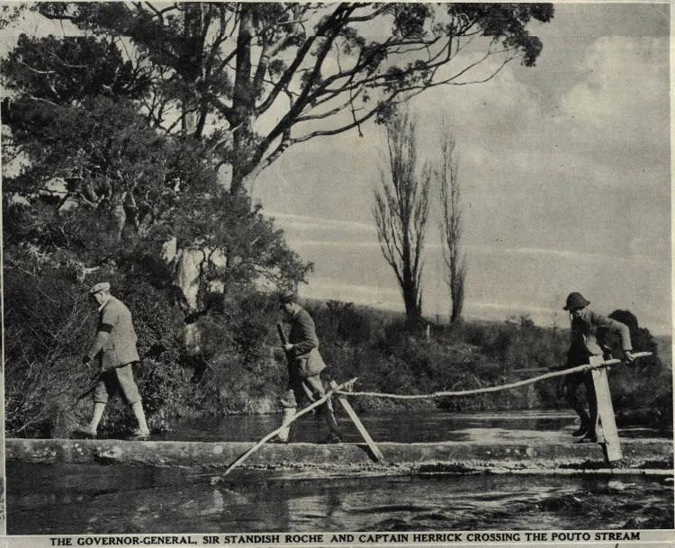 The Governor General, Sir Standish Roche and Captain Herrick crossing the Pouto Stream