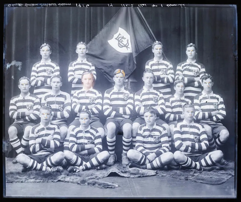 Glass Plate Negative: Christ's College, First Fifteen Rugby Team, 1916