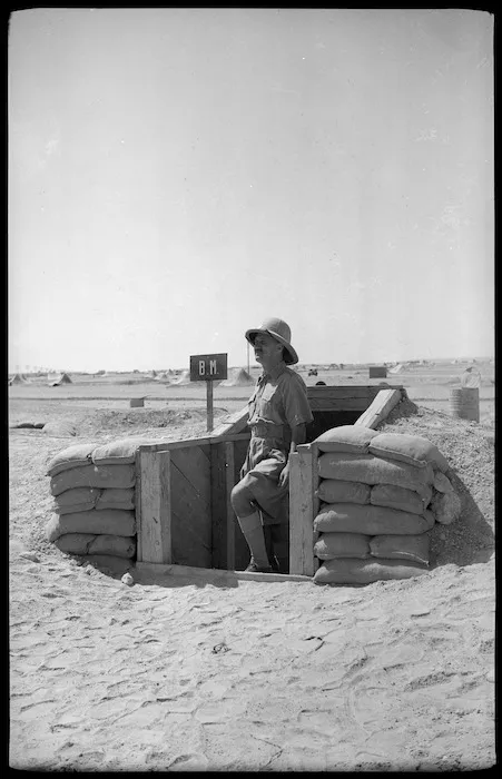 Brigade Major in the doorway of dugout office, Egypt