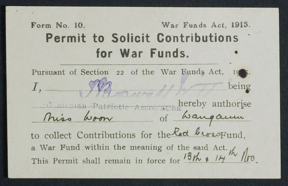 Document, 'Permit to Solicit Contributions for War Funds.'