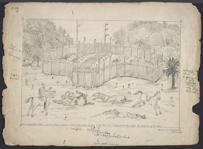 Woolnoth, Alfred, 1849-1897: Tauranga ita [sic] Pah / copied from a sketch taken on the spot by one of the Kai Iwi troopers the day after the capture of the pah ; copied by A. Woolnoth, Edinburgh.