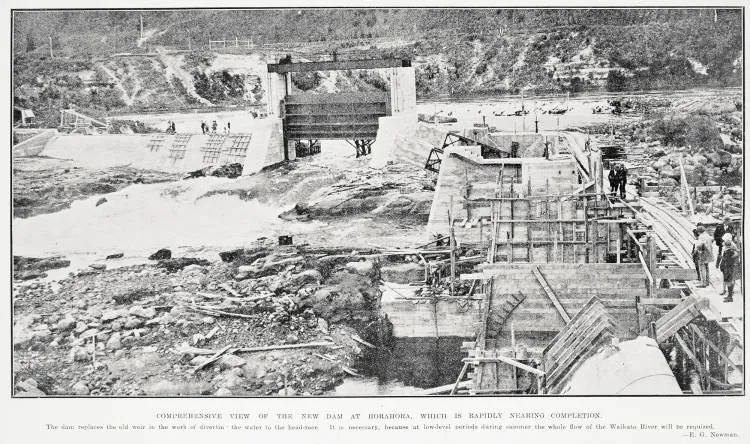 Comprehensive view of the new dam at Horahora, which is rapidly nearing completion