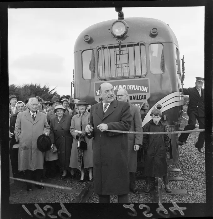 Michael Moohan, Minister of Railways, cutting ribbon at opening of the Wilson Ramsay diversion