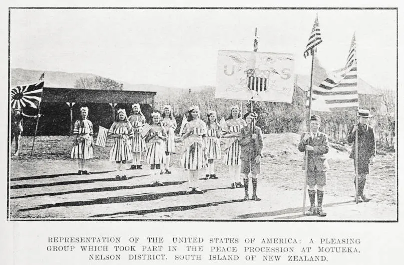 Representation of the United States of America: a pleasing group which took part in the peace procession at Motueka, Nelson district, South Island of New Zealand