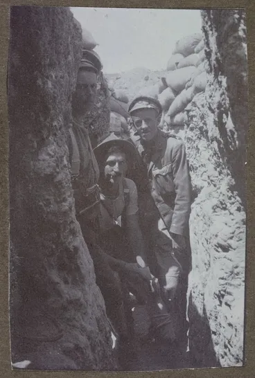 Image: New Zealand World War 1 soldiers in a trench 15 yards from the Turkish trenches in Gallipoli