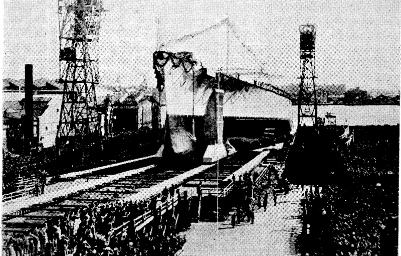 Evening Post" Photo.. The Christ's College team, winners of the quadrangular Rugby tournament in which teams from Wellington College, Nelson College, and Wangamii Collegiate School were also engaged. Christ's defeated Wellington and Wanganui. The new 35,000-ton battleship Tirpitz being launched at Wilhelmshaven. It is reported that the Tirpitz, a sister-ship to the Bismarck (now destroyed) 9 has been undergoing her trials in the Baltic. (Evening Post, 26 August 1941)