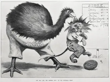 Image: THE MOA AND THE BRITISH LION ON THE FOOTBALL FIELD