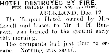 Image: HOTEL DESTROYED BY FIRE. (Mataura Ensign 13-12-1910)