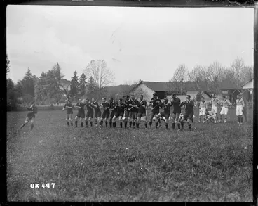 Image: World War I New Zealand soldiers performing a haka at a rugby match