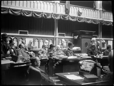 Image: Unidentified Members of Parliament in the debating chamber, Parliament Buildings, Wellington