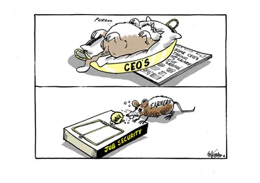 Image: A fat cat sleeping happily in the 'CEOS' basket while taking a 10% salary cut as the 'Earners' mouse nibbles on a small 'wage' bait in the mousetrap of 'Job security'