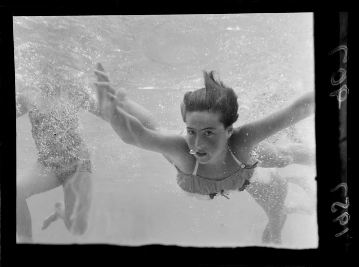 Swimmer under water at Naenae Olympic pool, Lower Hutt