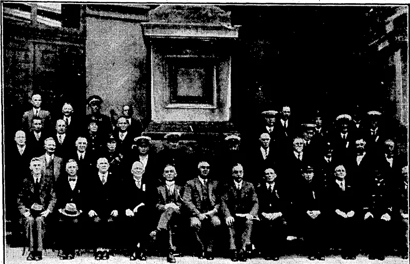 EvcnlnE Post" Photo. DELEGATES TO BANDS' CONFERENCE AT WELUNGTOK-Delegates attending the annual conference of the New Zealand Bands' Association, photographed this morning on the steps of the Totvn Hall. Front row, from left, Messrs. F. McLeod, T. Goodall, W. P.McLachlan, C. Patchett, R. B. Hean (vice-president), H. D. Bennett (president), J. G. Osborne (secretary), A. G. Homer, H. J. Hall, C. G. V Baker, R. J. Young, and W.J, Jupp. (Evening Post, 23 February 1934)