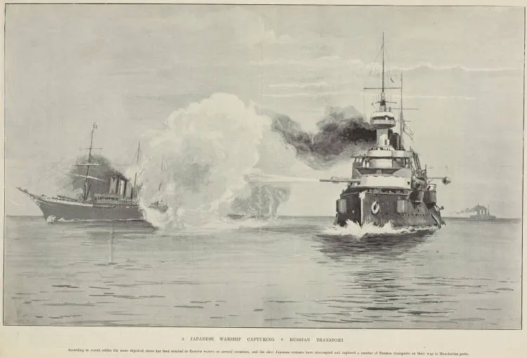 A Japanese warship capturing a Russian transport