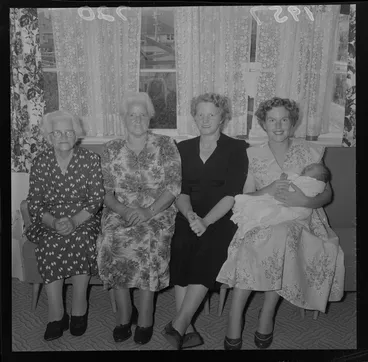 Image: Five generations in one family - Mrs M E Jamieson, Mrs Kidd, Mrs Burgess, Mrs Wright and her son