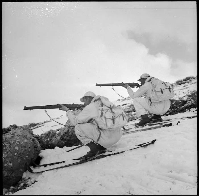 Trainees taking cover during training at the Ninth Army Ski School, Lebanon - Photograph taken by M D Elias