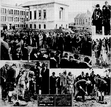 Image: Evening Post" Photo. ARBOR DAY CELEBRATION.—Top left, the scene at Wellington College yesterday afternoon during the planting of pohutulcawas on the terrace in celebration of Arbor Day. Below, their Excellencies Lord and-Lady Bleftisloe planting trees, the plates which are to notify the fact to future scholars at the college being inset. Top right, Mrs. Knox Gilmer, president of the Wellington Horticultural Society, and Mrs. W. A. Armour, ivife of the headmaster, watching the proceedings. Middle right, the Mayoress, Mrs. T. C. 'A. Hislop, and the pohutukaiva she planted. (Evening Post, 02 August 1934)