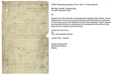 Image: Captain Nias to William Hobson arranging travel to Aotearoa New Zealand, 1839