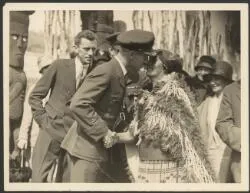 Charles Kingsford Smith exchanging traditional Maori greeting, Hongi, with guide Bella, Rotorua, New Zealand, September 1928